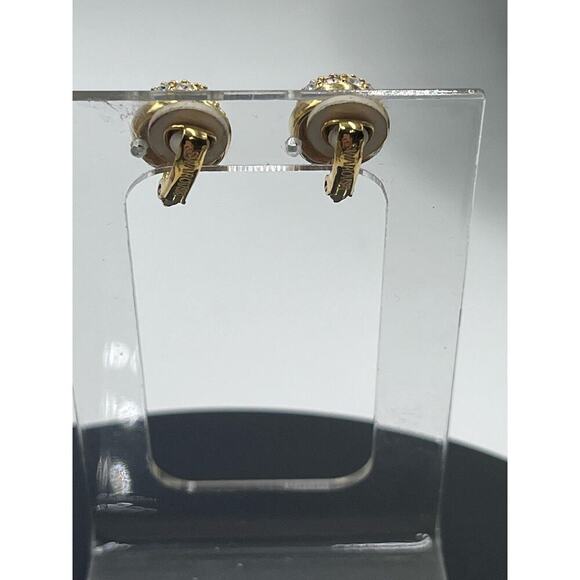 Swarovski Signed Swan Domed Button 18k Gold Plated Crystal Pave Clip On Earrings - Picture 6 of 15